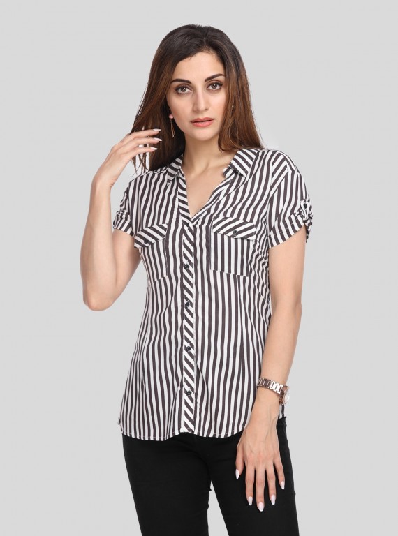 Women’s Black Vertical Stripe Short Sleeve Shirt by Boer and Fitch