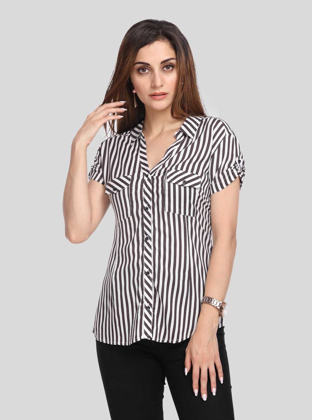 Women’s Black Vertical Stripe Short Sleeve Shirt by Boer and Fitch