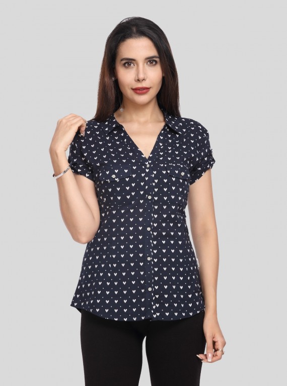 Women’s Navy Blue Heart Print Short Sleeve Shirt by Boer and Fitch