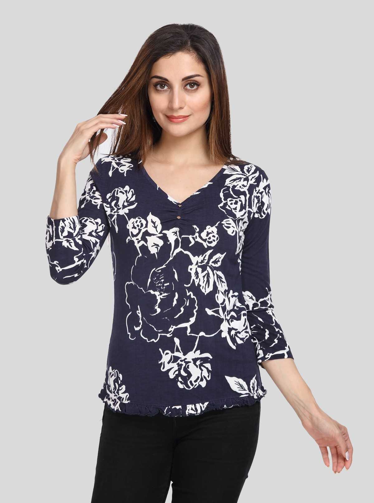 Women's Navy Artistic Floral Top – Elegant Style with Creative Flair