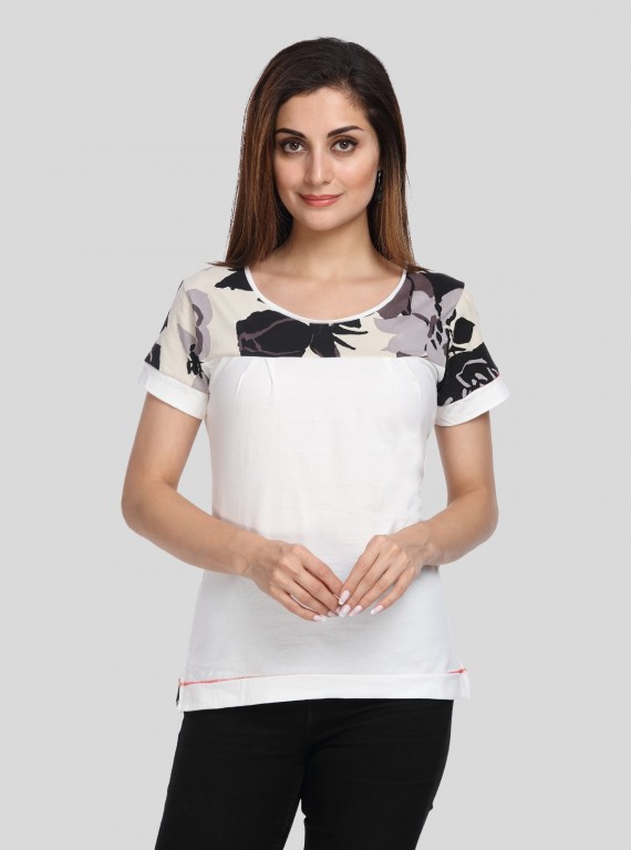Women's White with Ecru Floral Cut and Sew Cotton Jersey Top by Boer & Fitch