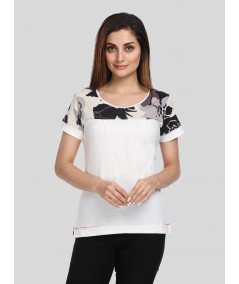 Women's White with Ecru Floral Cut and Sew Cotton Jersey Top by Boer & Fitch
