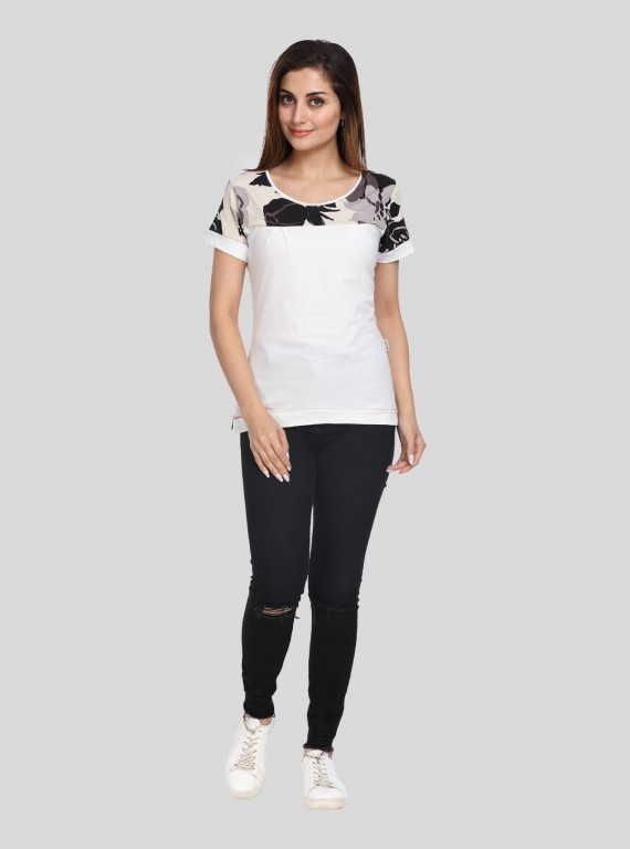 Ecru Floral Cut & Sew Womens Top