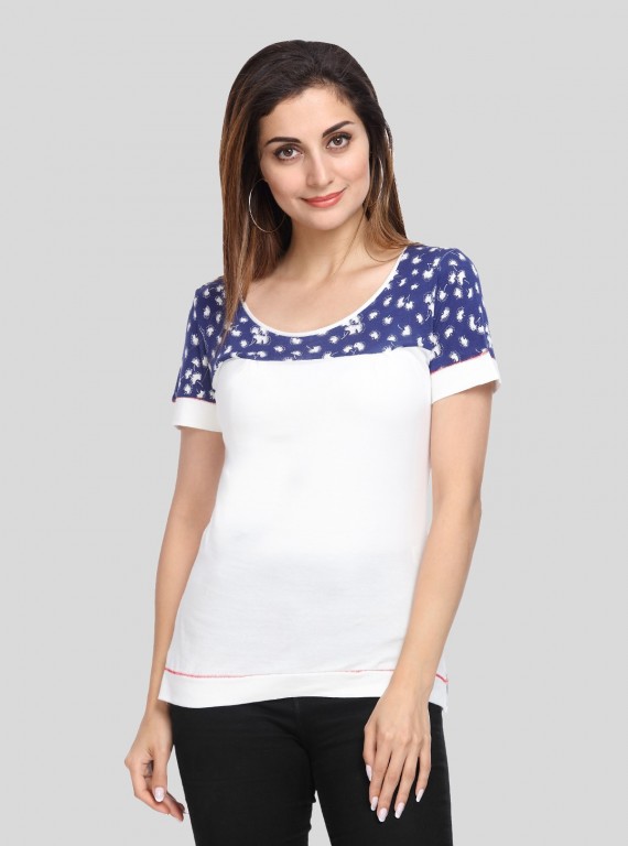Women's White with Blue Floral Cut and Sew Cotton Jersey Top by Boer & Fitch