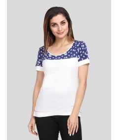 Women's White with Blue Floral Cut and Sew Cotton Jersey Top by Boer & Fitch