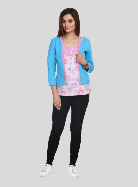 Turquoise Contrast Fleece Set Top