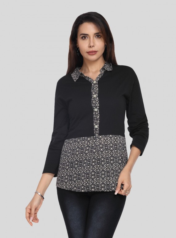Women's Beige All Over Print Collared Neck Cotton Jersey Top with Long Sleeves | Boer & Fitch