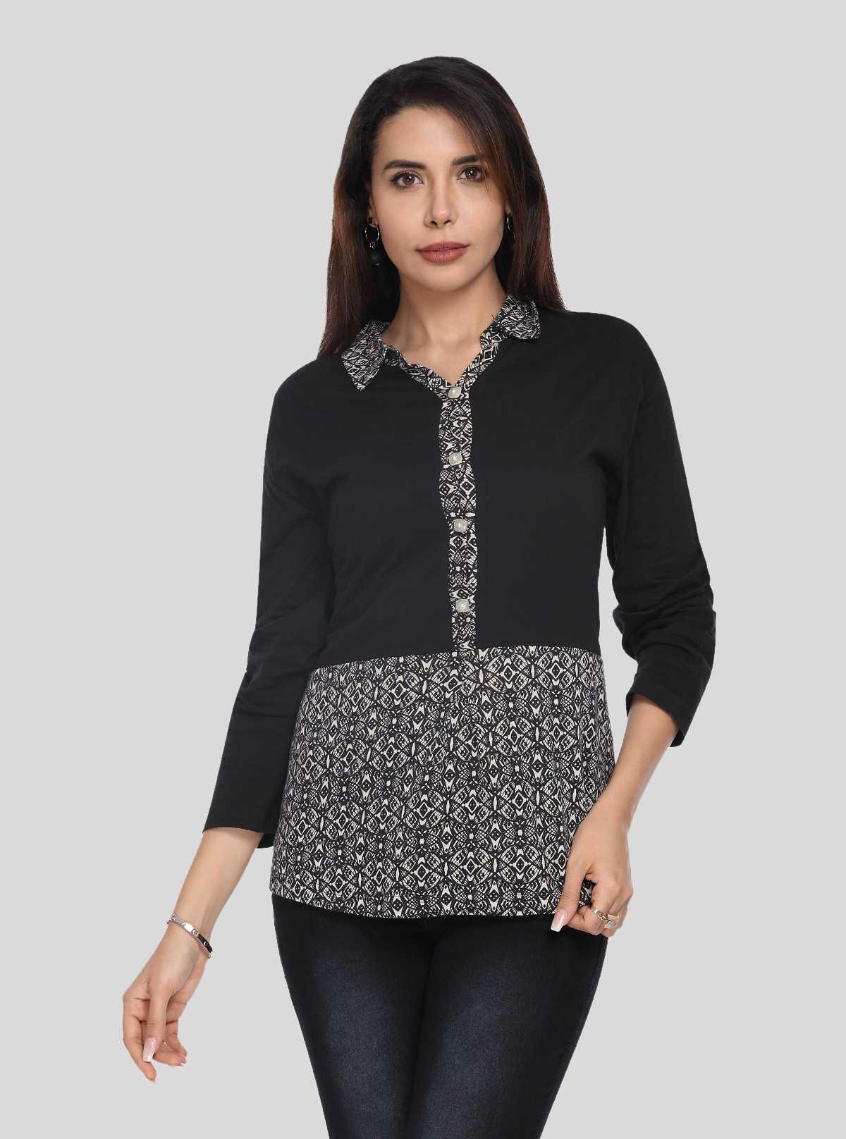 Women's Beige All Over Print Collared Neck Cotton Jersey Top with Long Sleeves | Boer & Fitch