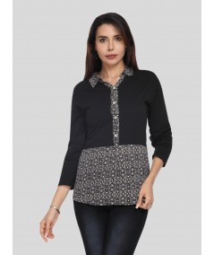 Women's Beige All Over Print Collared Neck Cotton Jersey Top with Long Sleeves | Boer & Fitch