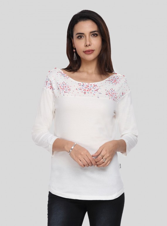 Women's White Scoop Neck Floral Print Panel Top – Cotton Jersey Knit