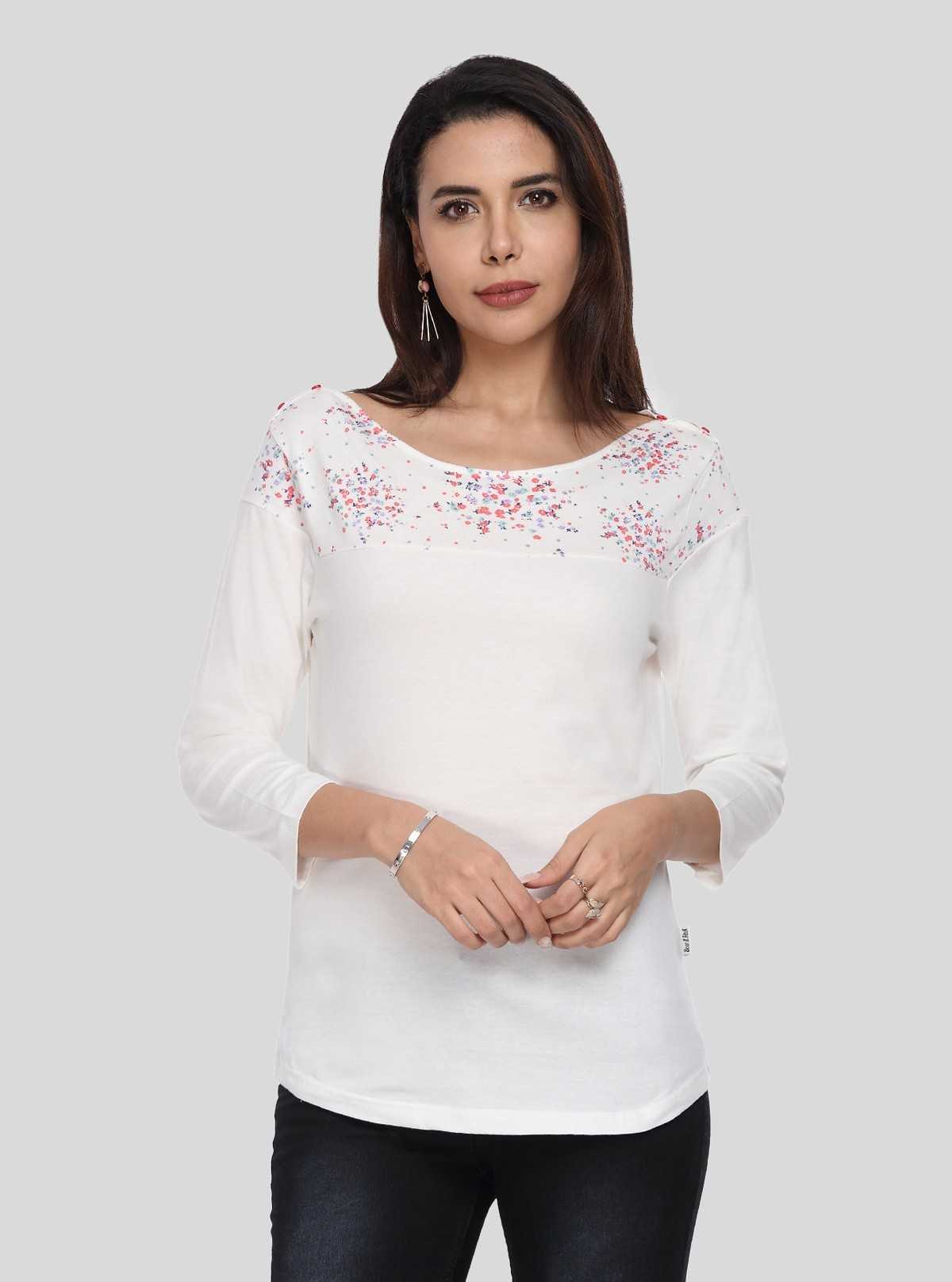 Women's White Scoop Neck Floral Print Panel Top – Cotton Jersey Knit