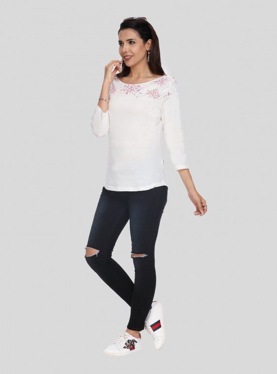 White Multi Color Printed Womens Top