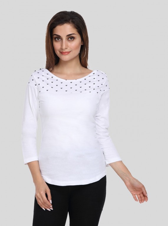 Women's White Scoop Neck Heart Print Panel Top – Cotton Jersey Knit