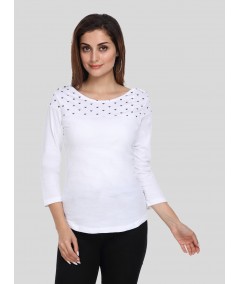 Women's White Scoop Neck Heart Print Panel Top – Cotton Jersey Knit