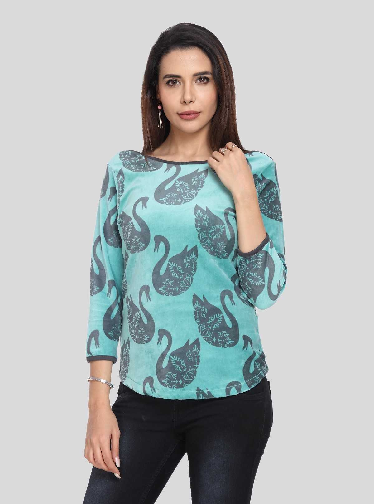 Women’s Green Swan Print 3/4 Sleeve Boat Neck Sweat Top – Chic Cotton Blend