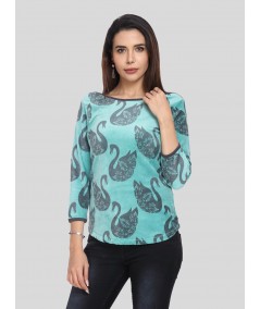 Women’s Green Swan Print 3/4 Sleeve Boat Neck Sweat Top – Chic Cotton Blend