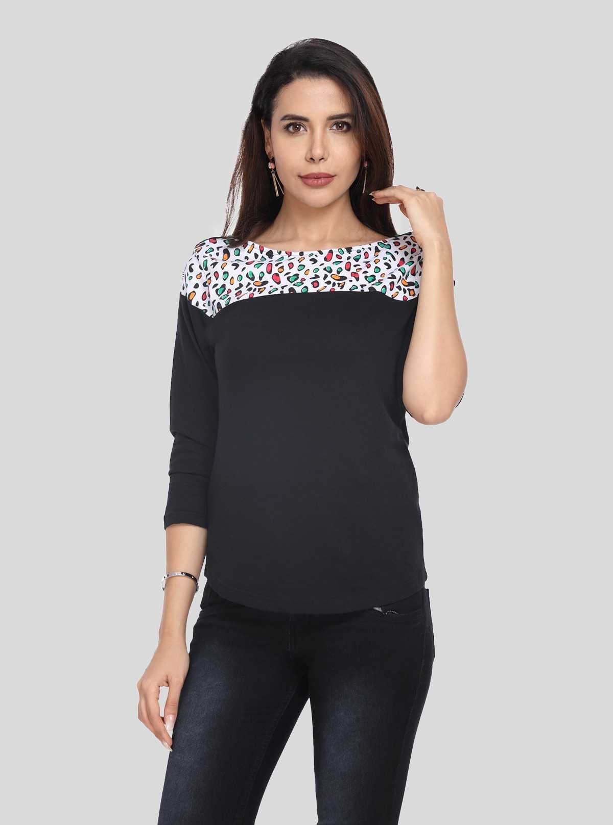 Women's Black Scoop Neck Graphic Panel Top – Cotton Jersey Knit Long Sleeve