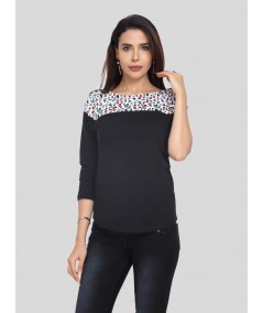 Women's Black Scoop Neck Graphic Panel Top – Cotton Jersey Knit Long Sleeve