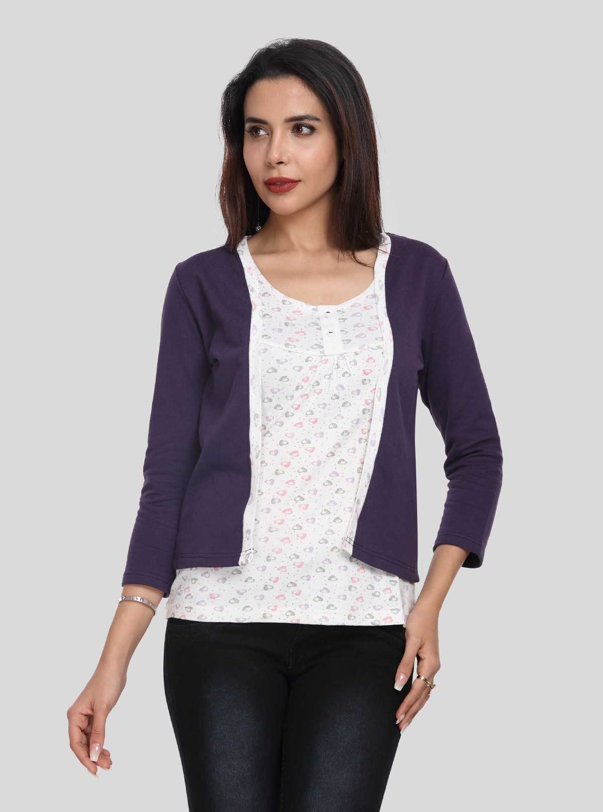 Women's Purple Cotton Shrug with White Printed Top – Boer and Fitch