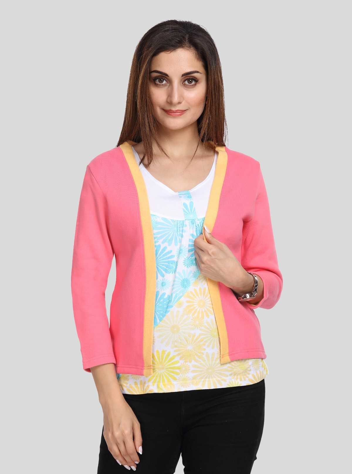 Women's Pink & Yellow Cotton Shrug with Floral Inner – Boer and Fitch