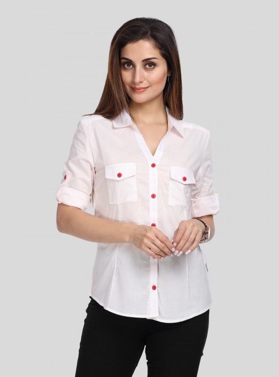 Women’s White Polka Dot Long Sleeve Shirt with Red Buttons – Boer & Fitch