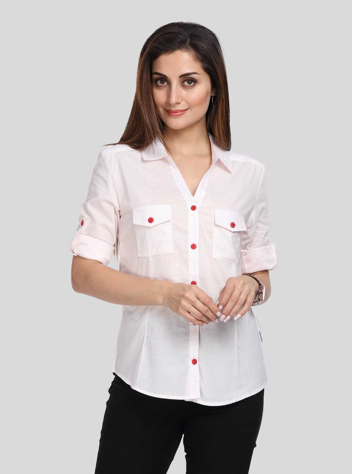 Women’s White Polka Dot Long Sleeve Shirt with Red Buttons – Boer & Fitch