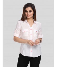 Women’s White Polka Dot Long Sleeve Shirt with Red Buttons – Boer & Fitch