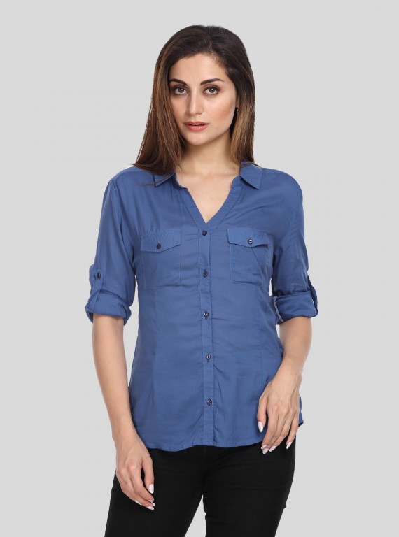 Women’s Ink Blue Solid Long Sleeve Cotton Shirt – Boer and Fitch