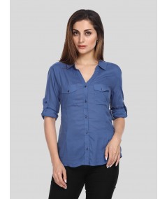 Women’s Ink Blue Solid Long Sleeve Cotton Shirt – Boer and Fitch