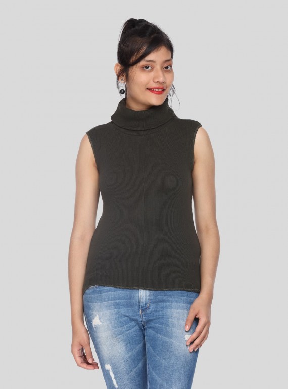 Women’s Black Sleeveless Cotton Ribbed Turtle Neck Top