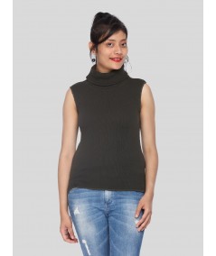 Women’s Black Sleeveless Cotton Ribbed Turtle Neck Top