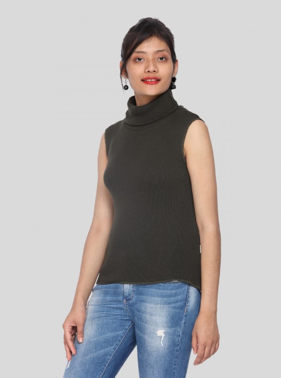 Green Flat Knit High Neck Top