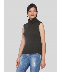 Green Flat Knit High Neck Top