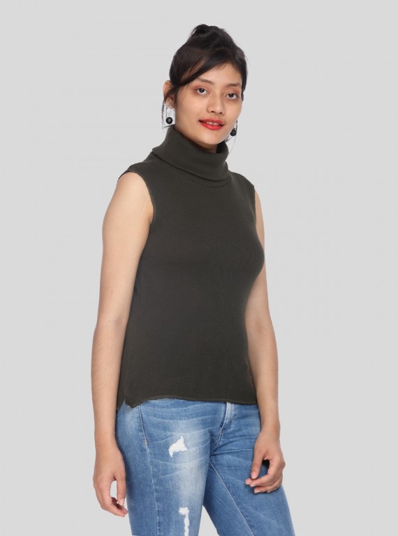 Green Flat Knit High Neck Top