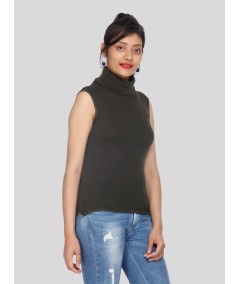 Green Flat Knit High Neck Top
