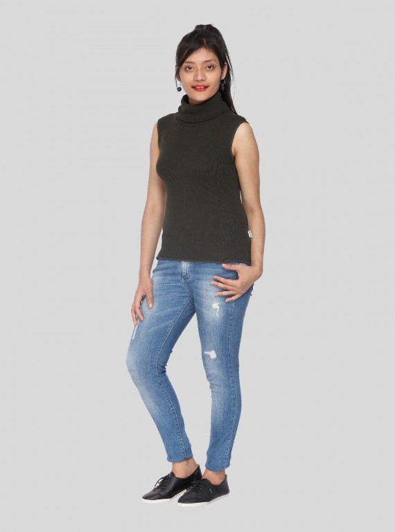 Green Flat Knit High Neck Top