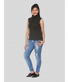 Green Flat Knit High Neck Top