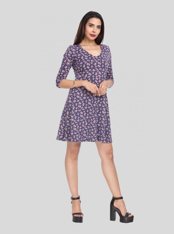 Women's Ink Blue Floral Printed Cotton Feather Touch Dress