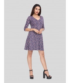Women's Ink Blue Floral Printed Cotton Feather Touch Dress