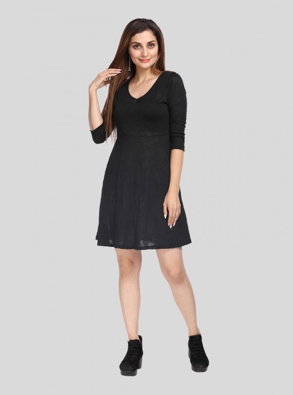 Women's Black Solid Dress in 100% Cotton Feather Touch Fabric