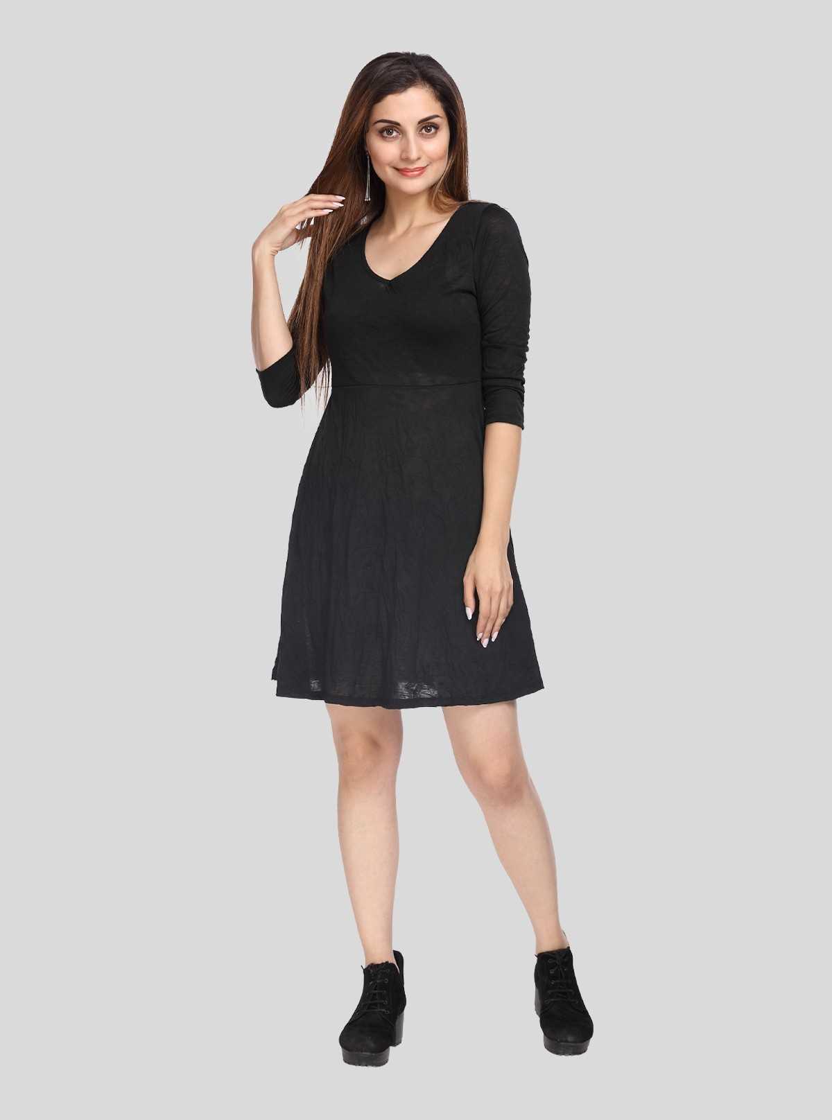 Women's Black Solid Dress in 100% Cotton Feather Touch Fabric