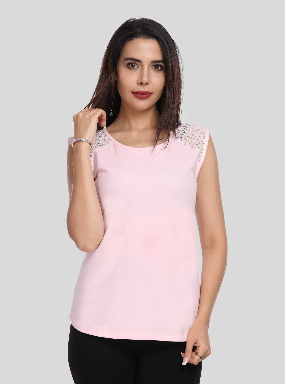 Women's Pink Elegant Lace Short Sleeve Top in Cotton Elastane Jersey | Boer & Fitch