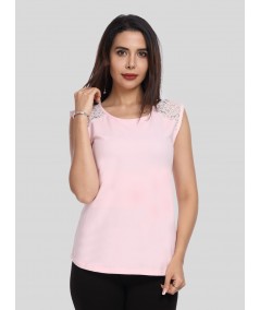 Women's Pink Elegant Lace Short Sleeve Top in Cotton Elastane Jersey | Boer & Fitch