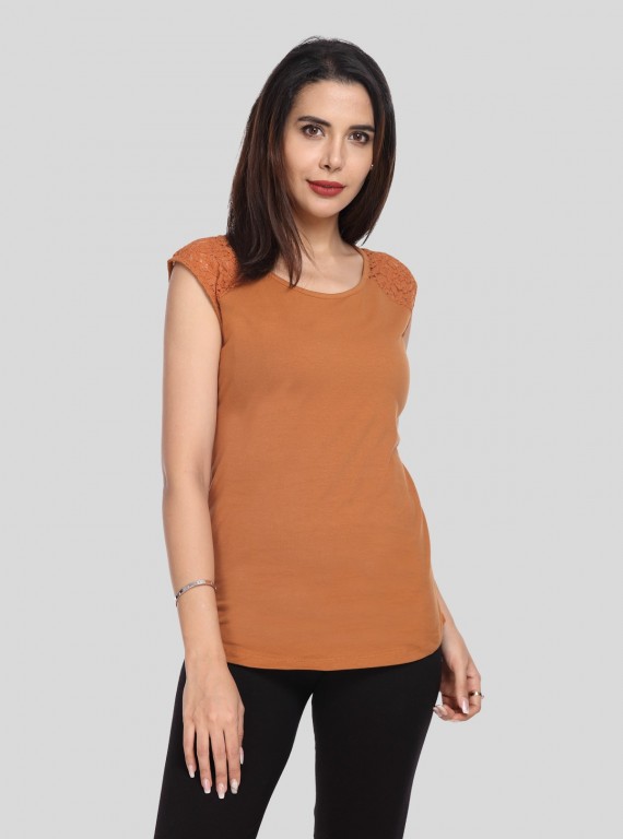 Women's Brown Elegant Lace Short Sleeve Top in Cotton Elastane Jersey | Boer & Fitch
