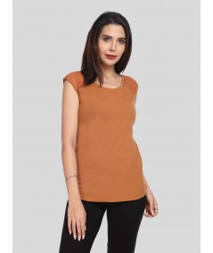 Women's Brown Elegant Lace Short Sleeve Top in Cotton Elastane Jersey | Boer & Fitch