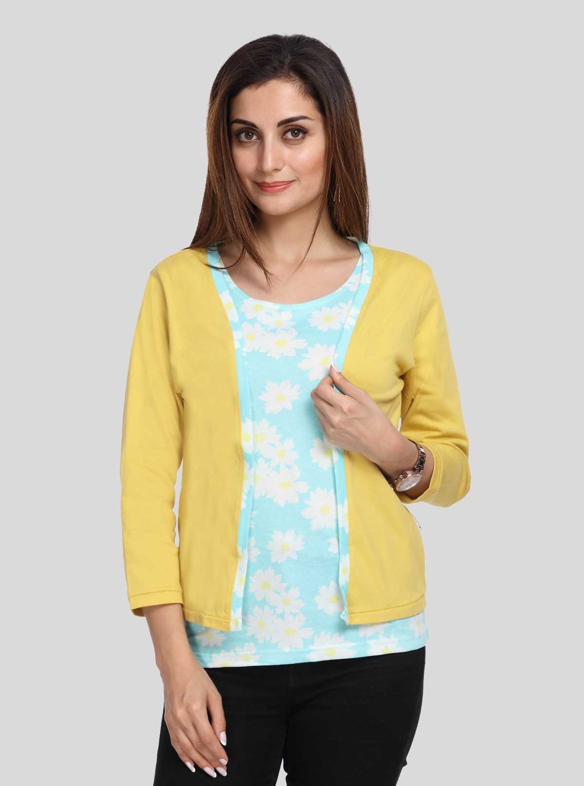 Women's Yellow Cotton Shrug with Blue Floral Print Top – Boer and Fitch