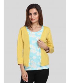 Women's Yellow Cotton Shrug with Blue Floral Print Top – Boer and Fitch
