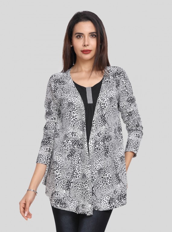 Women's White All Over Printed Cotton Shrug with Solid Black Inner