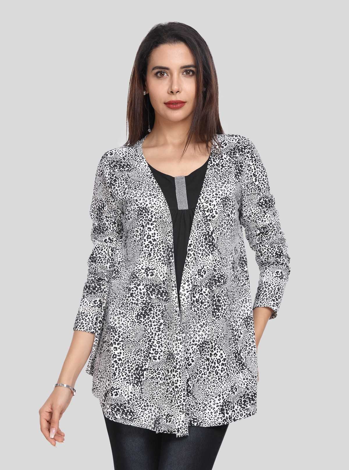 Women's White All Over Printed Cotton Shrug with Solid Black Inner