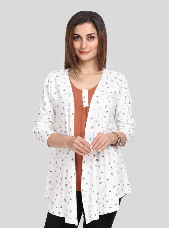 Women's White Printed Shrug with Chestnut Inner Top in 100% Cotton